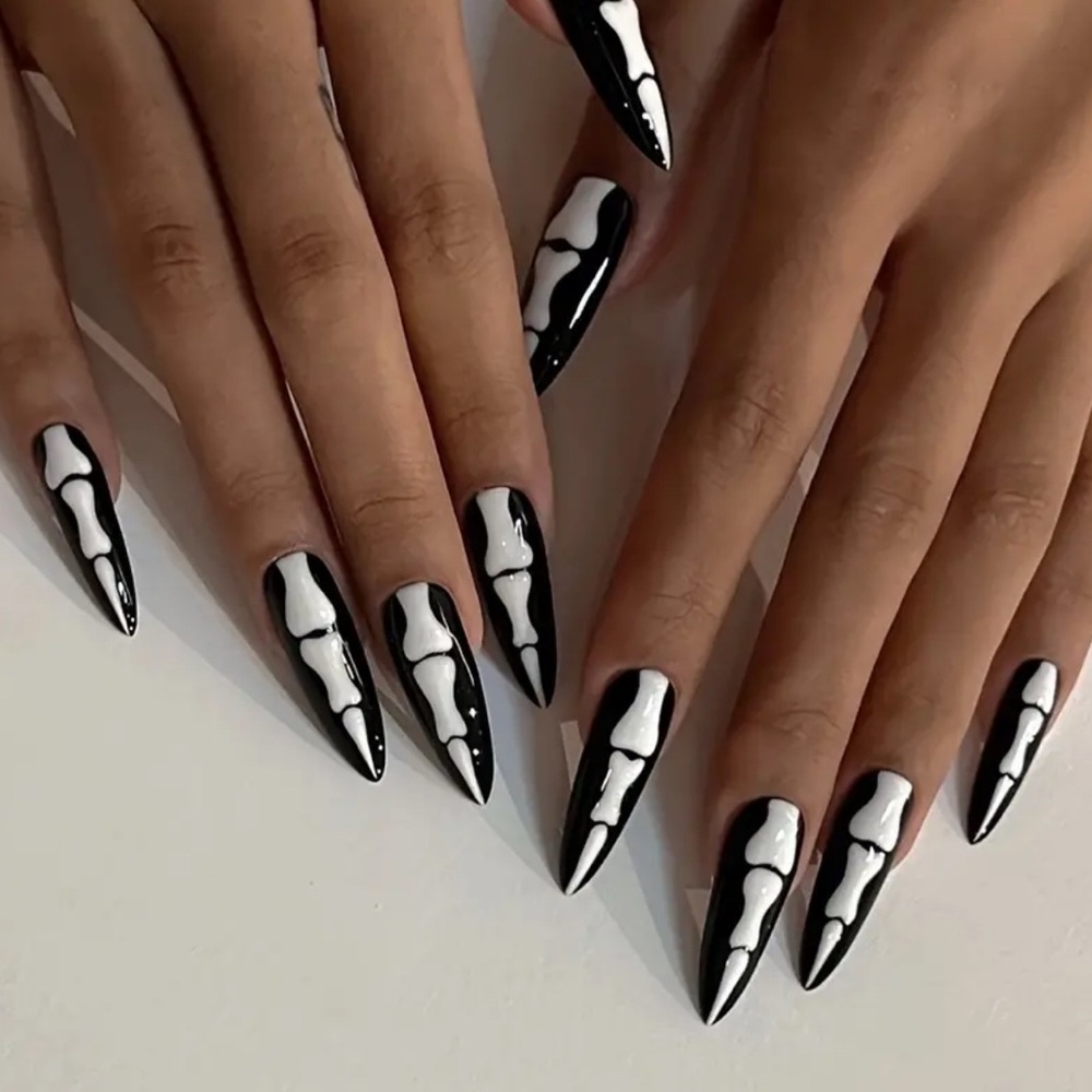 New Black & White Skeleton Long Stiletto Nails Reusable Handmade Medium - Picture 6 of 11